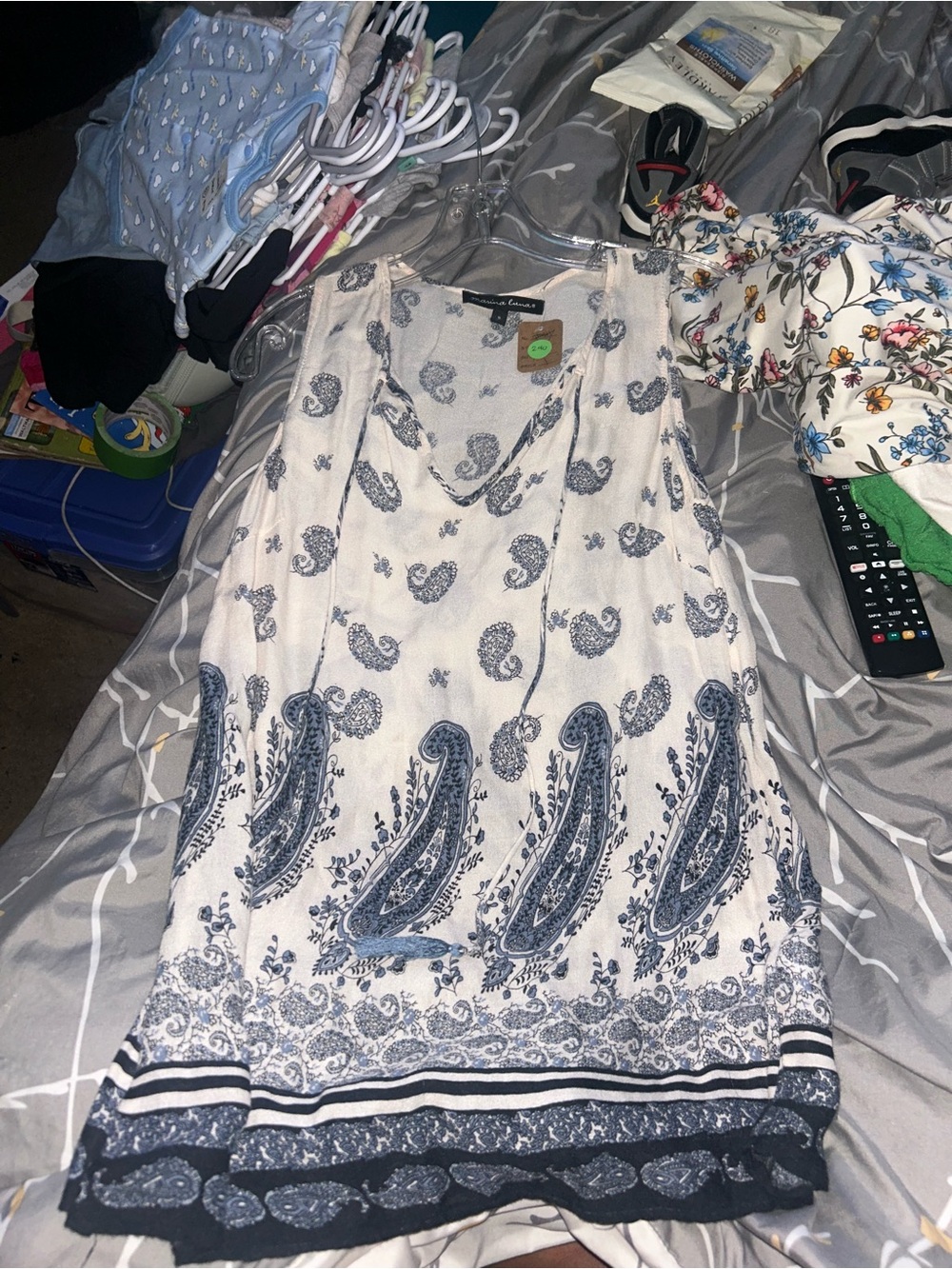 Marina Luna Cream Dress with Blue Paisley Print